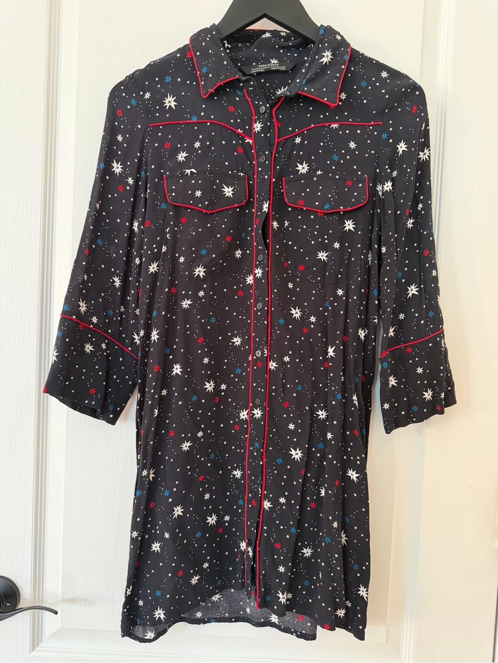 Zara Black Star-Print Midi Shirt Dress with Red Piping